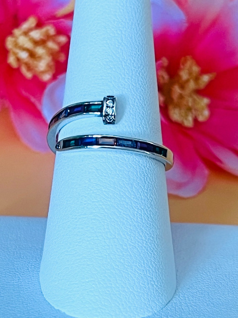 Silver .925 Nail multi color CZ adjustable Ring